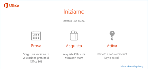 Screenshot che mostra le opzioni predefinite Prova, Acquista o Attiva per un PC con Office preinstallato.