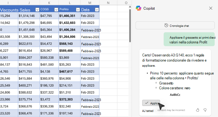 Screenshot che illustra come applicare il grassetto ai valori usando Copilot in Excel.