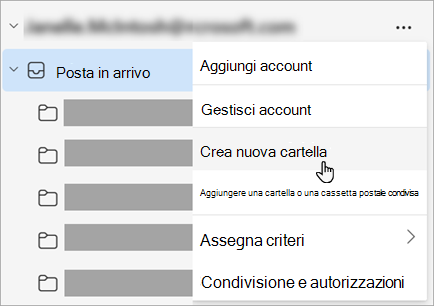 Screenshot dell'opzione Crea nuova cartella selezionata nel menu Altre opzioni del riquadro delle cartelle