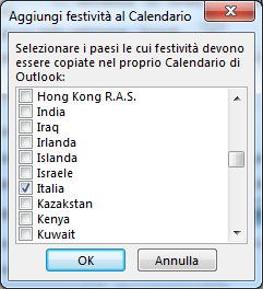 Finestra di dialogo per la selezione delle festività di paesi/aree geografiche