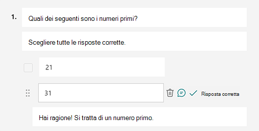 Messaggio di risposta corretto personalizzato in Microsoft Forms