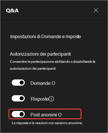 Screenshot che evidenzia l'interfaccia utente per nascondere i nomi dei partecipanti in Q&A