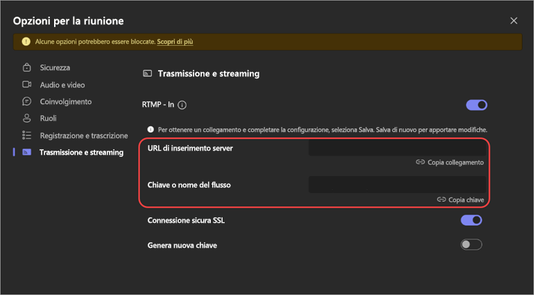 Screenshot che mostra le impostazioni RTMP-In nelle opzioni della riunione.
