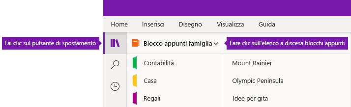 Espansione dell'elenco Blocchi appunti in OneNote per Windows 10