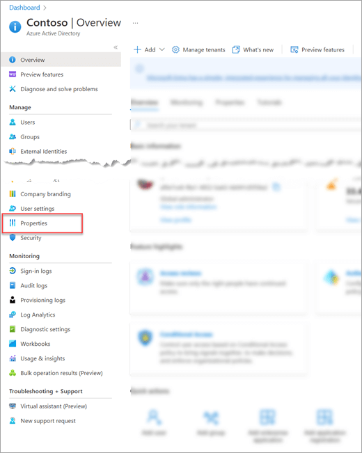 Elemento delle proprietà nell'interfaccia di amministrazione di Azure Active Directory (AAD).