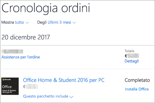 Mostra la pagina Cronologia ordini nel Microsoft Store