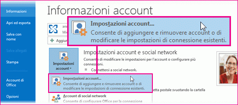 Impostazioni account nella visualizzazione Backstage