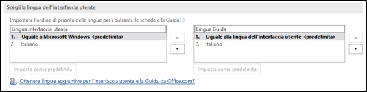 La finestra di dialogo che consente di selezionare la lingua che Office userà per i pulsanti, i menu e la Guida.