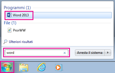 Cercare app di Office in Windows 7