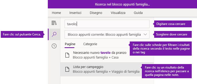 Opzioni del riquadro di ricerca in OneNote per Windows 10