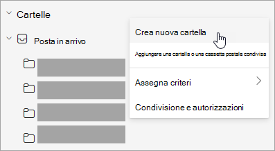 Screenshot dell'opzione Crea nuova cartella selezionata nel menu Altre opzioni del riquadro delle cartelle