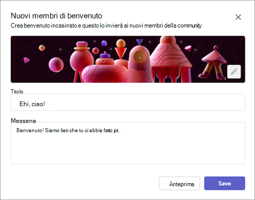 Messaggio di benvenuto in Teams.