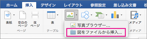 [挿入] タブの [ファイルからの画像] が強調表示されています。