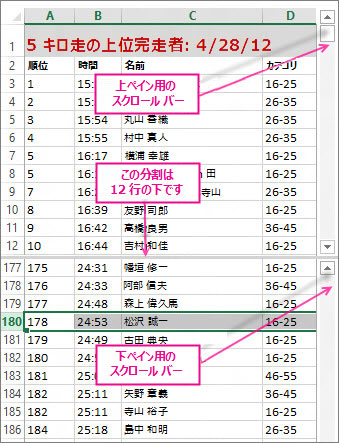 分割による 2 つの行範囲の表示