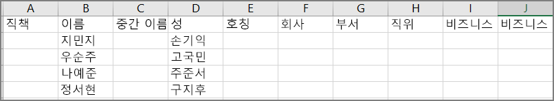 Outlook에서 연락처를 내보낸 후 csv 파일의 모양을 보여 주는 예입니다.