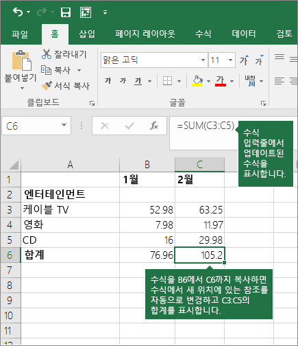 수식을 복사할 때 셀 참조가 자동으로 업데이트됩니다.