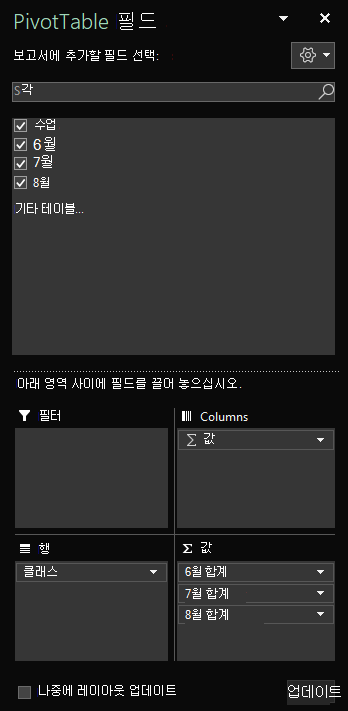 선택한 테이블 필드를 보여 주는 Windows용 Excel에서 피벗 테이블 필드 창이 열립니다.