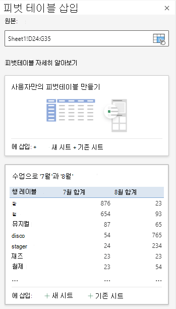 선택한 셀 범위를 보여 주는 웹용 Excel의 피벗 테이블 삽입 대화 상자