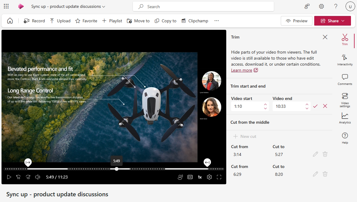 트리밍 패널이 열려 있는 Microsoft Stream 플레이어 페이지입니다. 비디오는 새로운 시작과 종료 시간뿐만 아니라 비디오의 중간에서 만들어지는 두 컷을 주는 트리밍되었습니다.