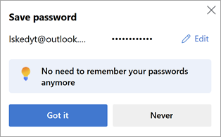 나중에 사용할 수 있도록 웹 사이트 암호를 저장하라는 Microsoft Edge의 프롬프트입니다.