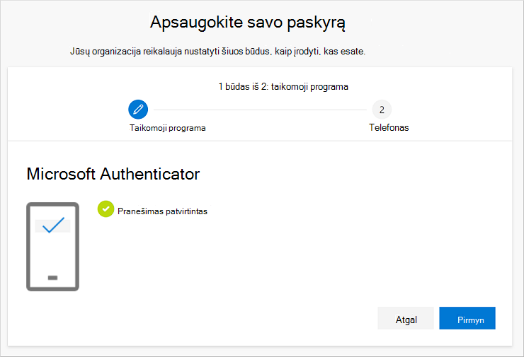 Pranešimas apie sėkmę, programėlės ir paskyros prijungimas