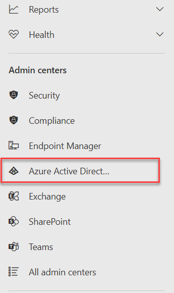 "Microsoft 365" administravimo centrų meniu su paryškintu "Azure Active Directory" administravimo centru.