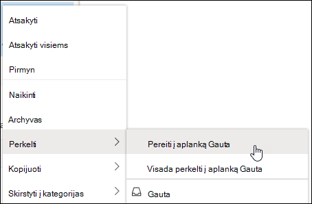 Ekrano kopijoje pavaizduotas dešiniojo pelės mygtuko meniu su parinktimis Perkelti į reikšmingiausius ir Visada pereiti į reikšmingiausius gautuosius.