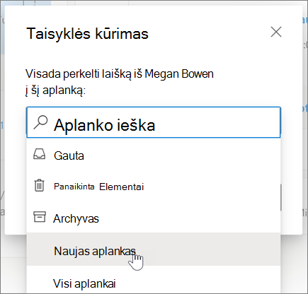 Taisyklės kūrimas internetinėje "Outlook"