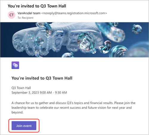 Ekrano kopija, kurioje matyti dalyvių gautas el. pašto kvietimas su paryškinta parinktimi Prisijungti prie įvykio