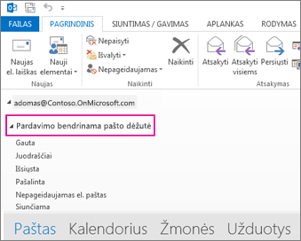 Bendrai naudojama pašto dėžutė rodoma „Outlook“ aplankų sąraše