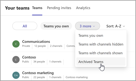 Screenshot of the Your teams page with the option to view archived teams. Select the dropdown next to Teams you own to select Archived Teams.