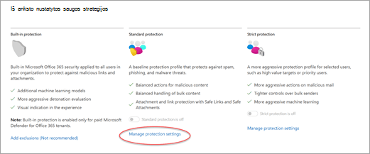 Iš anksto nustatytas saugos strategijų dialogo langas su paryškintu saitu Valdyti apsaugos parametrus dalyje Standartinė apsauga.