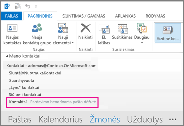 „Outlook“ Kontaktų srityje rodomas bendrai naudojamas kontaktų sąrašas