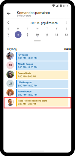 Tvarkaraščio mobiliajame įrenginyje, kuriame darbuotojas iš kitos vietos rodomas kaip išorinis darbuotojas, ekrano nuotrauka.