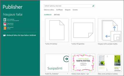 Ekrano nuotrauka, vaizduojanti šablonus „Publisher“ pradžios ekrane.