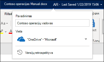 Išplečiamasis meniu iš dokumento pavadinimo programoje "Word", skirtos "Office 365"