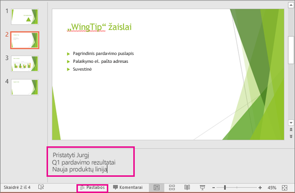 Rodo pranešėjo pastabų sritį programoje „PowerPoint“