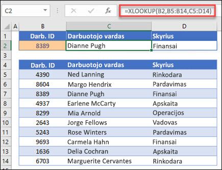 Funkcijos XLOOKUP, naudojamos grąžinti darbuotojo vardą ir skyrių pagal darbuotojų ID, pavyzdys. Formulė yra: =XLOOKUP(B2,B5:B14,C5:D14,0,1)