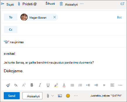 Naujo el. laiško kūrimas internetinėje "Outlook"