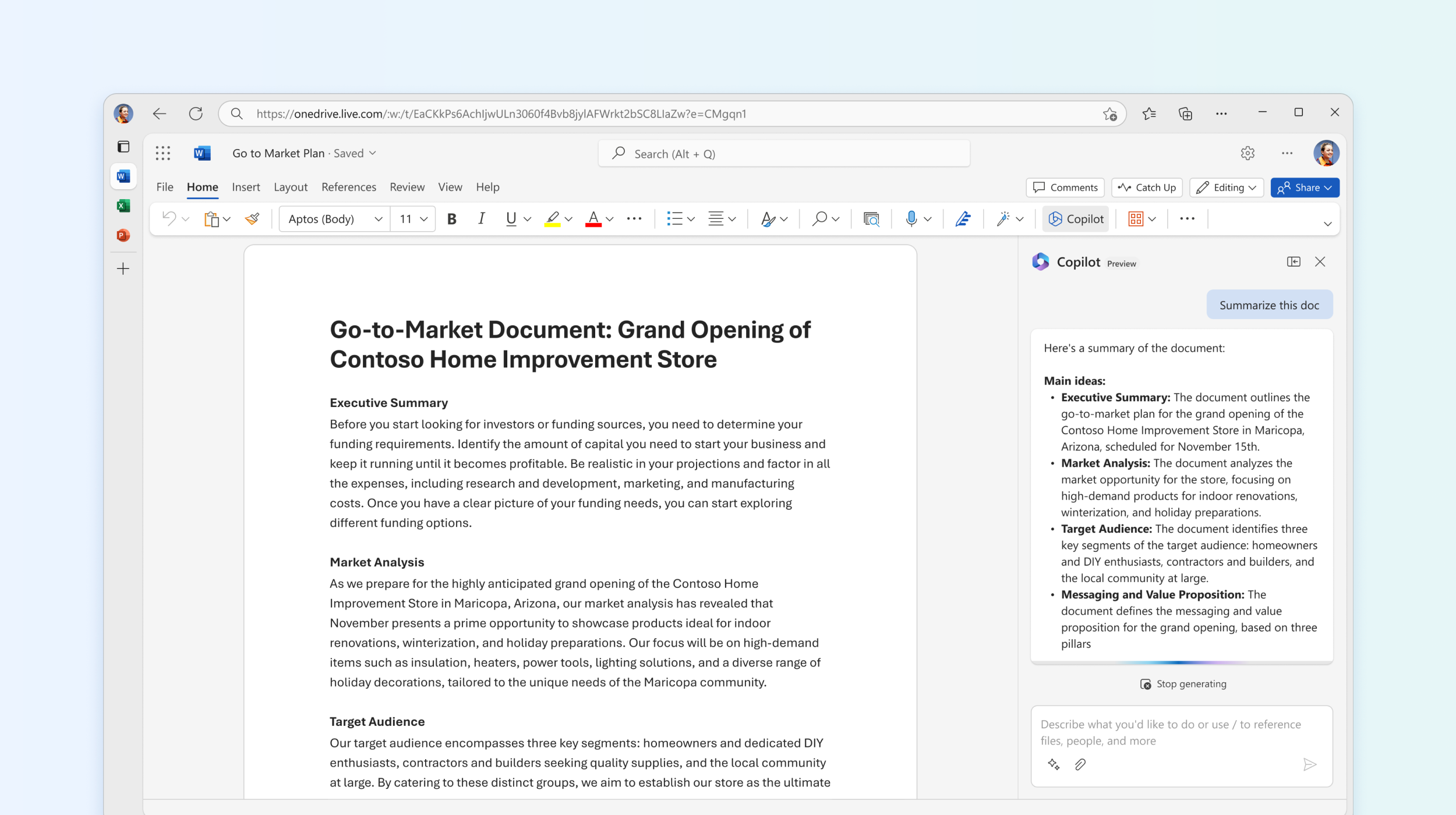 Ekrano kopijoje matoma, kaip „Copilot“ programoje „Word“ apibendrina dokumentą.