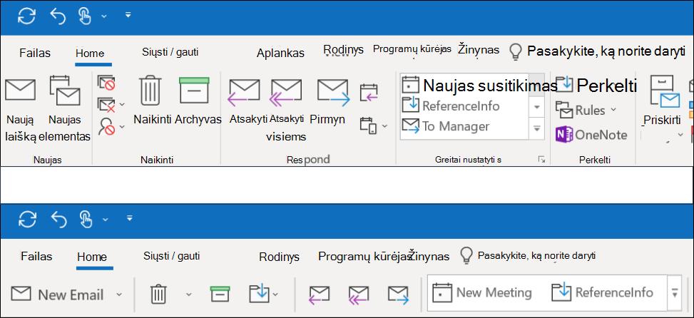 Dabar galite pasirinkti iš dviejų skirtingų "Outlook" juostelės funkcijų.