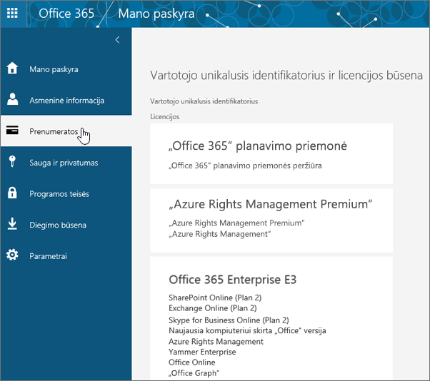 „Office 365“ prenumeratų puslapis