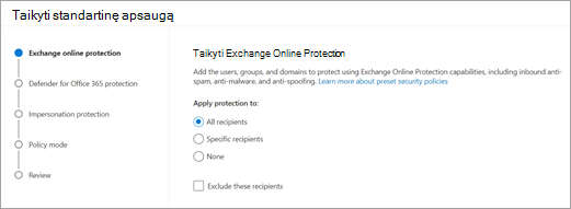 The Apply standard wizard showing the screen where you select which recipients to apply Exchange Online protection to.