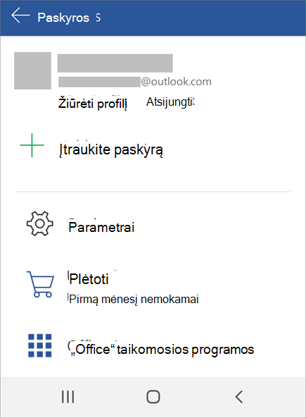 Rodoma atsijungimo nuo „Office“ „Android“ įrenginyje parinktis