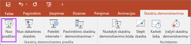 Rodomas mygtukas „nuo pradžių“ skaidrių demonstravimo skirtuke programoje „PowerPoint“