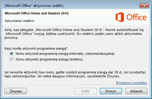 Rodo „Microsoft Office“ aktyvinimo vediklį.