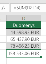 Naudokite funkciją SUM vietoj sudėtingai koduojamų reikšmių  formulėje.  Formulė langelyje D5 yra =SUM(D2:D4)