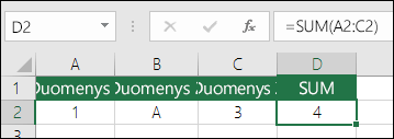 Tinkamos formulės kūrimas.  Vietoj =A2+B2+C2, langelio D2 formulė yra =SUM(A2:C2)