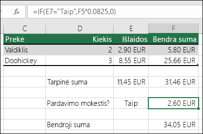 Formulė, esanti langelyje F7, yra IF(E7="Yes",F5*0.0825,0)