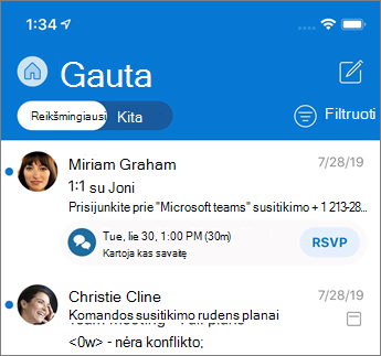 Reikšmingiausi Gautieji programoje "Outlook Mobile"